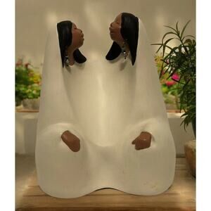 Native American 2 Woman Sitting Statue Hand Cast & Painted Nova 5 Signed Vintage